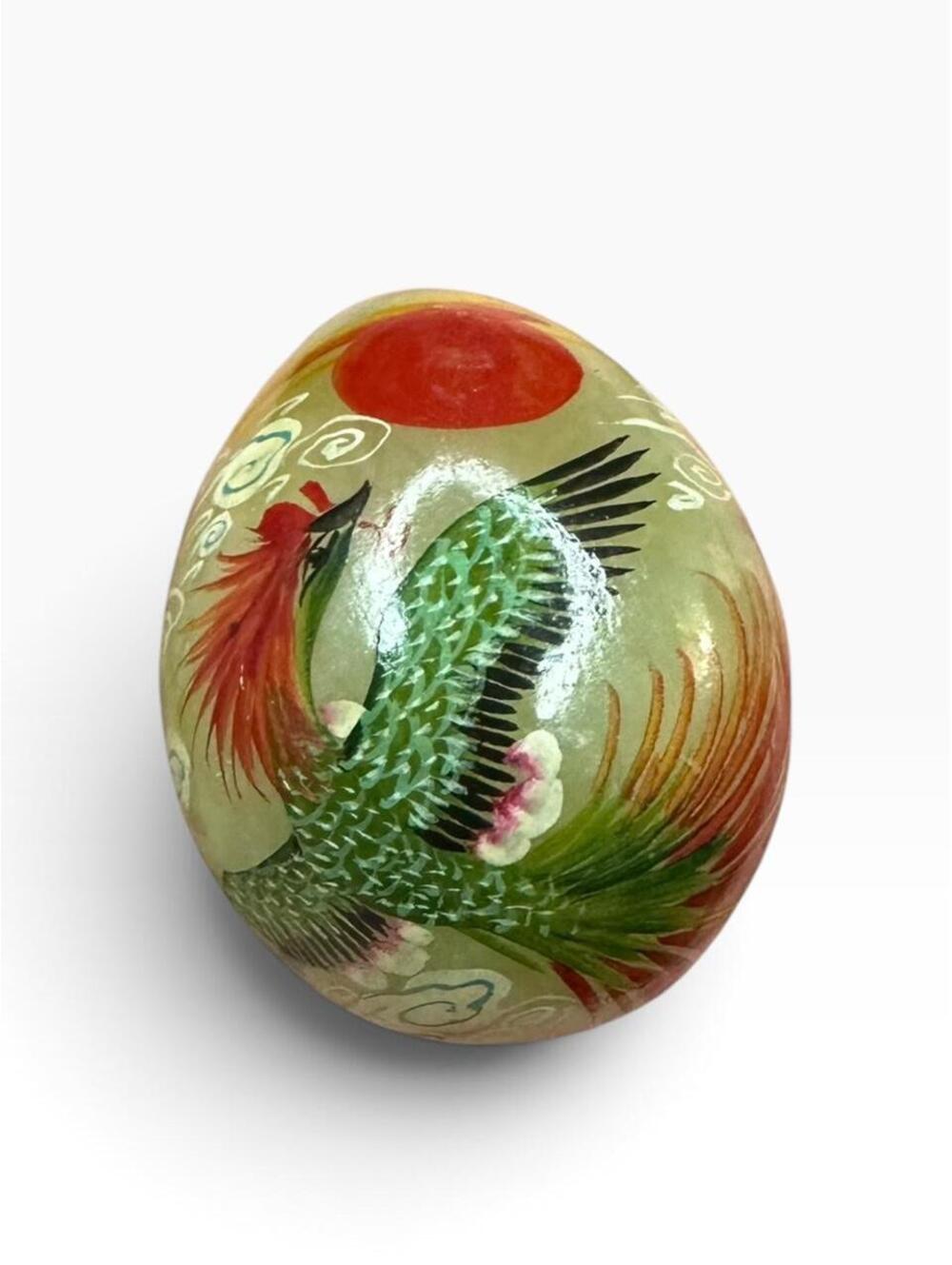 Vintage Hand-Painted Asian Crane Stone Egg Miniature